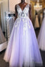 Purple v neck lace applique long Formal Prom Dresses purple formal Dresses