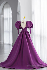 Purple V-Neck Satin Long Formal Evening Dress, A-Line Puff Sleeve Party Dress