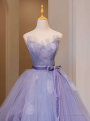 Purple V Neck Tulle Lace Long Prom Dress, Purple Formal Sweet 16 Dress