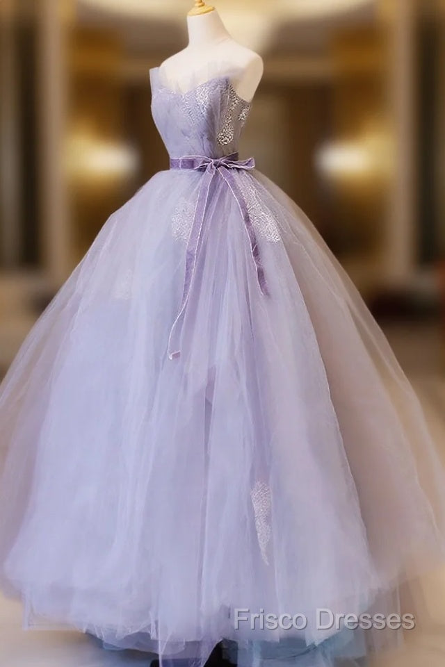 Purple V Neck Tulle Lace Long Formal Prom Dress, Purple Formal Sweet 16 Dress Main image