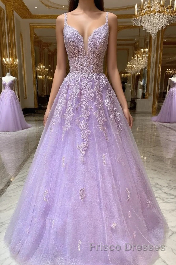 Purple v neck tulle lace long Formal Prom Dresses purple lace formal Dresses Main image