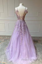 Purple v neck tulle lace long Formal Prom Dresses purple lace formal Dresses