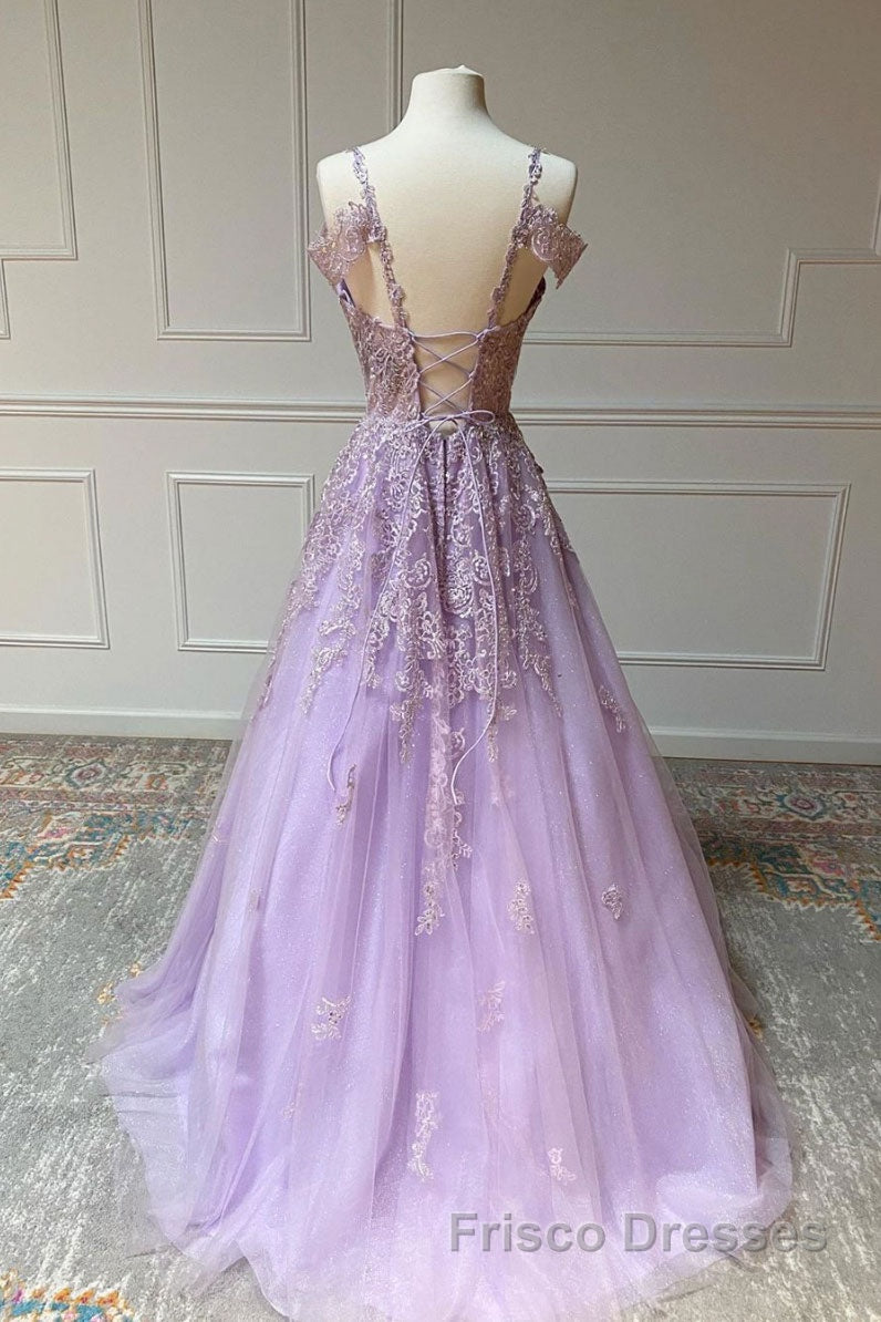 Purple v neck tulle lace long Formal Prom Dresses purple lace formal Dresses