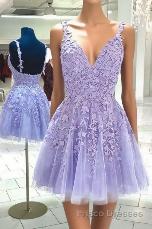 Purple v neck tulle lace short Formal Prom Dresses lace cocktail Dresses Main image