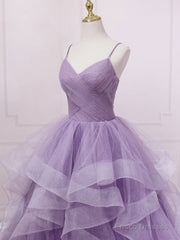 Purple V Neck Tulle Long Prom Dress, Purple Tulle Formal Party Dress