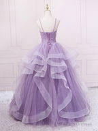 Purple V Neck Tulle Long Prom Dress, Purple Tulle Formal Party Dress