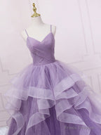 Purple V Neck Tulle Long Prom Dress, Purple Tulle Formal Party Dress