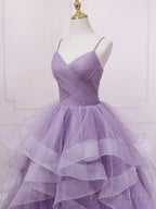 Purple V Neck Tulle Sequin Long Prom Dress Purple Tulle Formal Party Dress