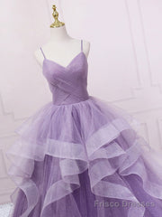 Purple V Neck Tulle Sequin Long Prom Dress Purple Tulle Formal Party Dress
