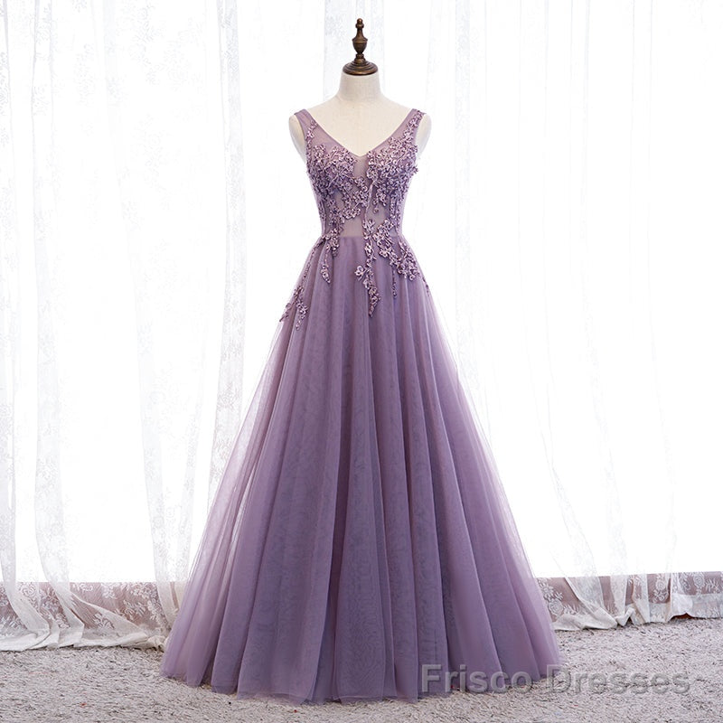 Purple V-neckline Tulle with Lace Floor Length Party Dress Evening Dress,Purple Prom Dress Main image