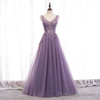 Purple V-neckline Tulle with Lace Floor Length Party Dress Evening Dress,Purple Prom Dress