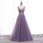 Purple V-neckline Tulle with Lace Floor Length Party Dress Evening Dress,Purple Prom Dress