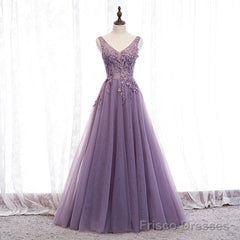 Purple V-neckline Tulle with Lace Floor Length Party Dress Evening Dress,Purple Prom Dress