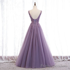 Purple V-neckline Tulle with Lace Floor Length Party Dress Evening Dress,Purple Prom Dress