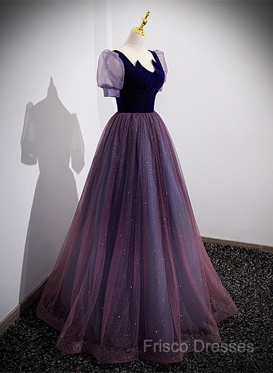 Purple Velvet And Tulle Short Sleeves Formal Dress, Purple A-Line Formal Dress Formal Prom Dress Secondary image