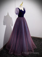 Purple Velvet And Tulle Short Sleeves Formal Dress, Purple A-Line Formal Dress Formal Prom Dress