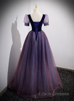 Purple Velvet And Tulle Short Sleeves Formal Dress, Purple A-Line Formal Dress Formal Prom Dress