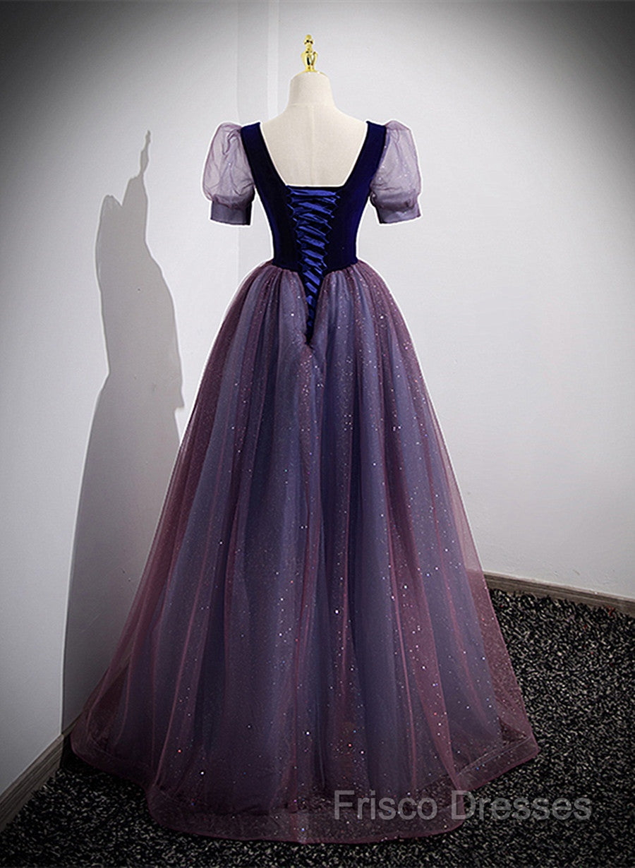 Purple Velvet And Tulle Short Sleeves Formal Dress, Purple A-Line Formal Dress Formal Prom Dress