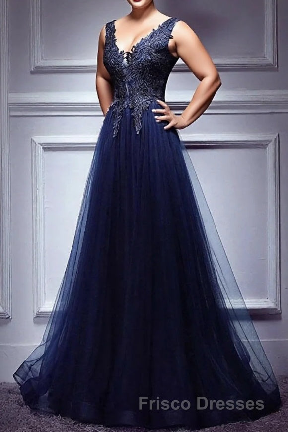 Dark Blue Lace V Neck Long Formal Prom Dress, Lace Evening Dress Main image