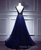 Dark Blue Lace V Neck Long Formal Prom Dress, Lace Evening Dress