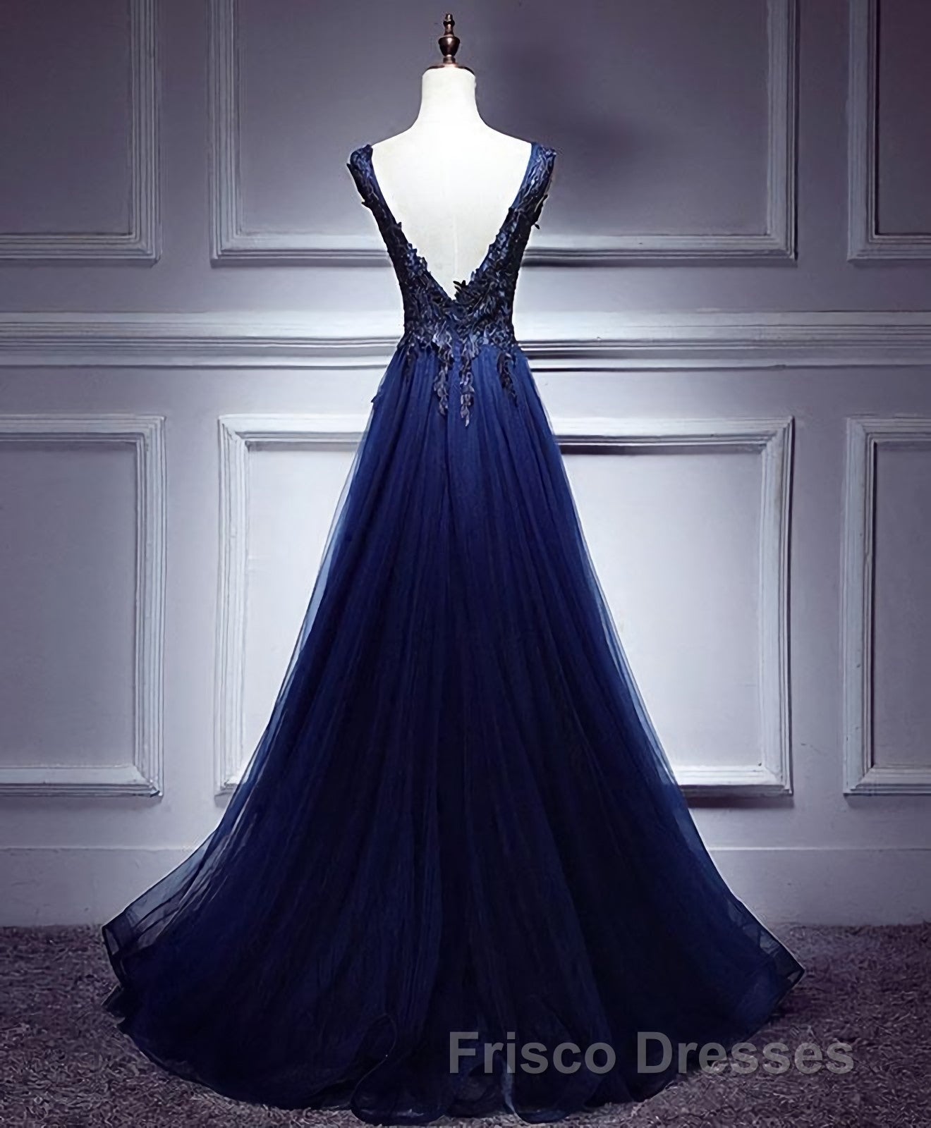 Dark Blue Lace V Neck Long Formal Prom Dress, Lace Evening Dress