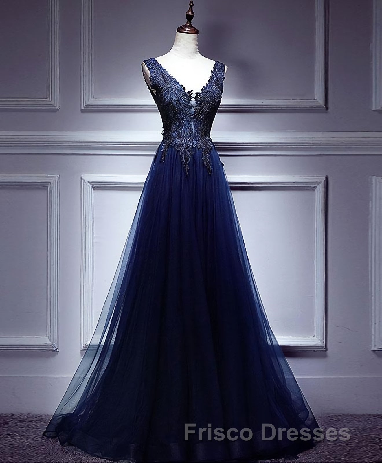 Dark Blue Lace V Neck Long Formal Prom Dress, Lace Evening Dress Secondary image