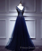 Dark Blue Lace V Neck Long Formal Prom Dress, Lace Evening Dress