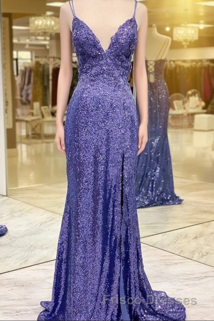 Mermaid Purples Sequins Long Formal Prom Dress with Slit