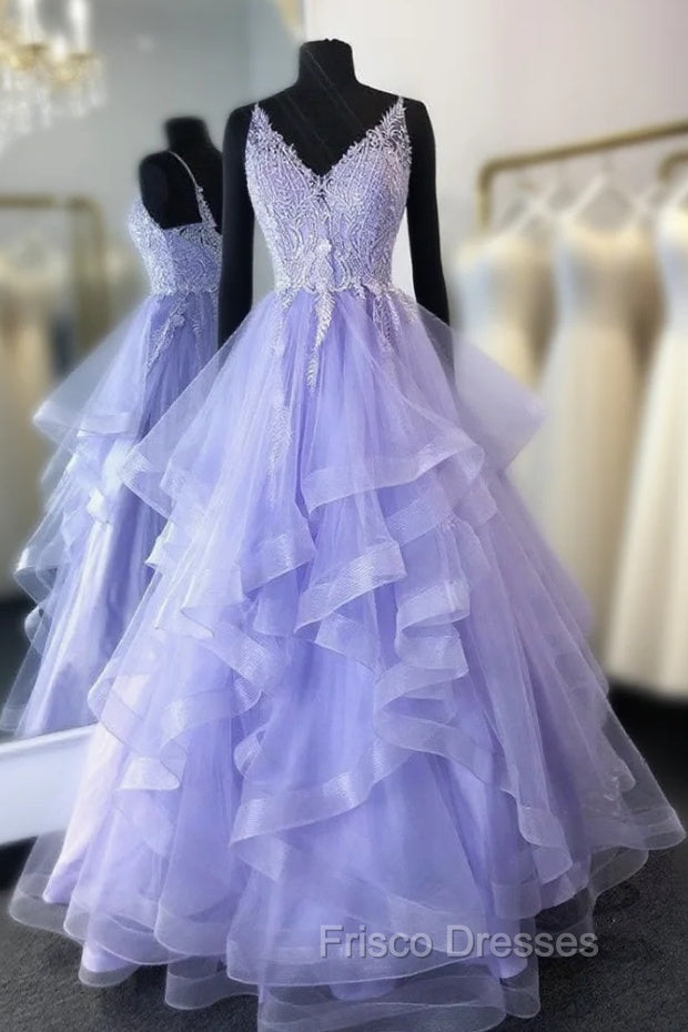 Purpler V Neck Tulle Lace Beads Long Formal Prom Dress Tulle Formal Dress Main image