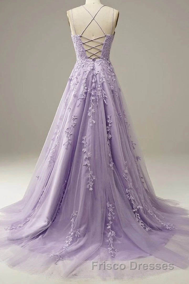 Light Purple Lace Applique A Line Spaghetti Straps Formal Prom Dress Evening Gown Main image