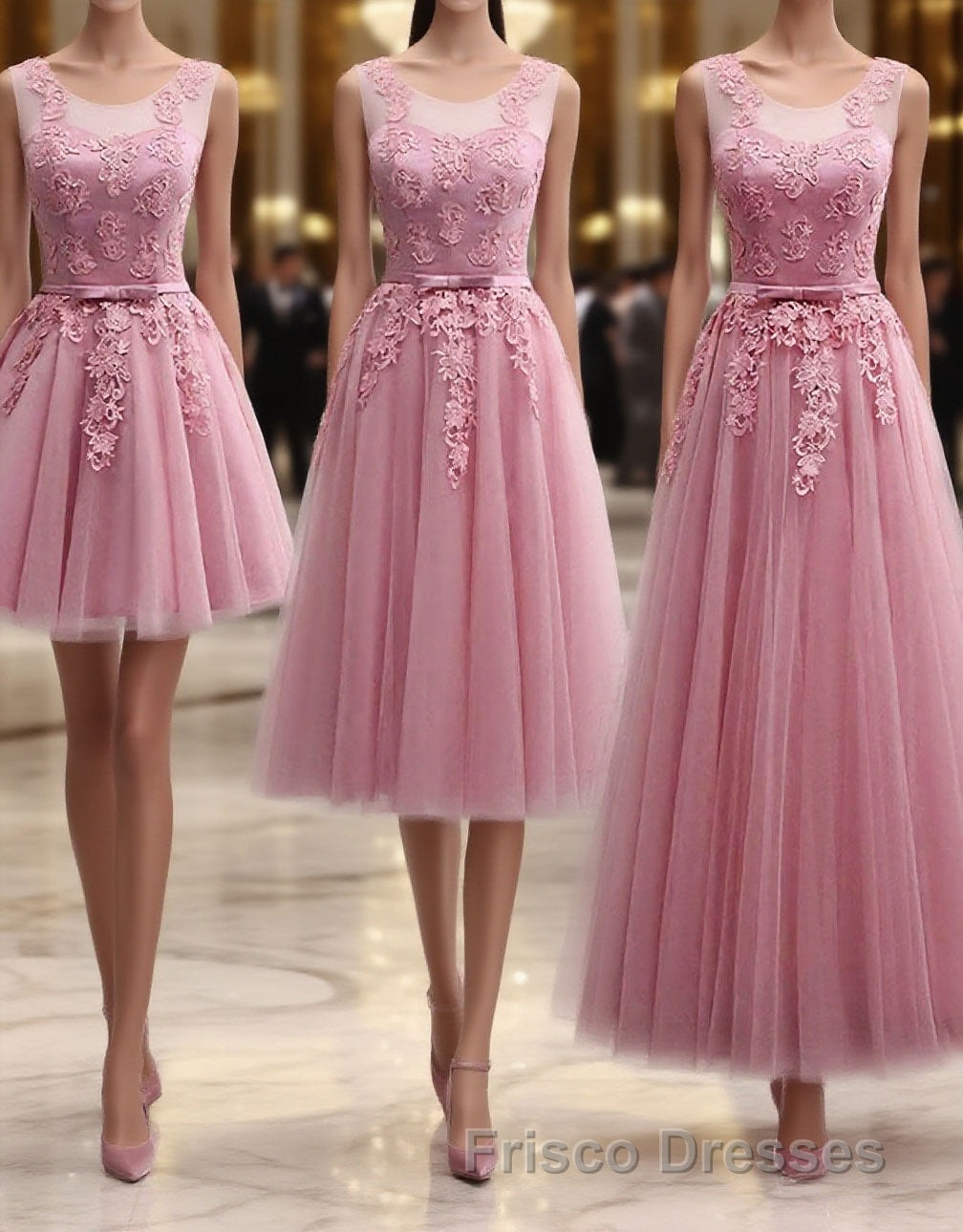 Pink Round Neck Lace Tulle Formal Prom Dress, Lace Evening Dress