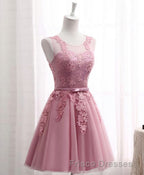 Pink Round Neck Lace Tulle Formal Prom Dress, Lace Evening Dress