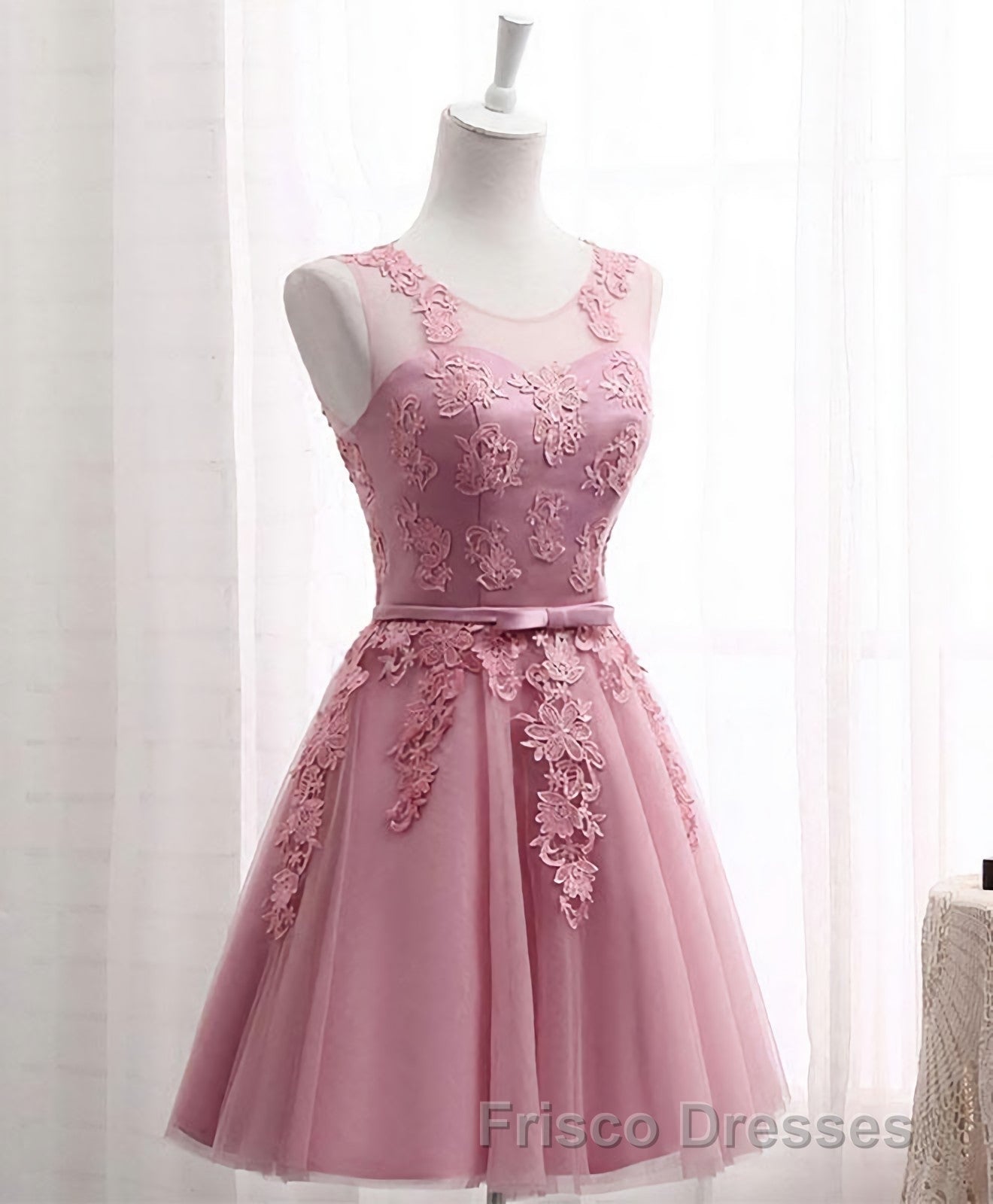 Pink Round Neck Lace Tulle Formal Prom Dress, Lace Evening Dress