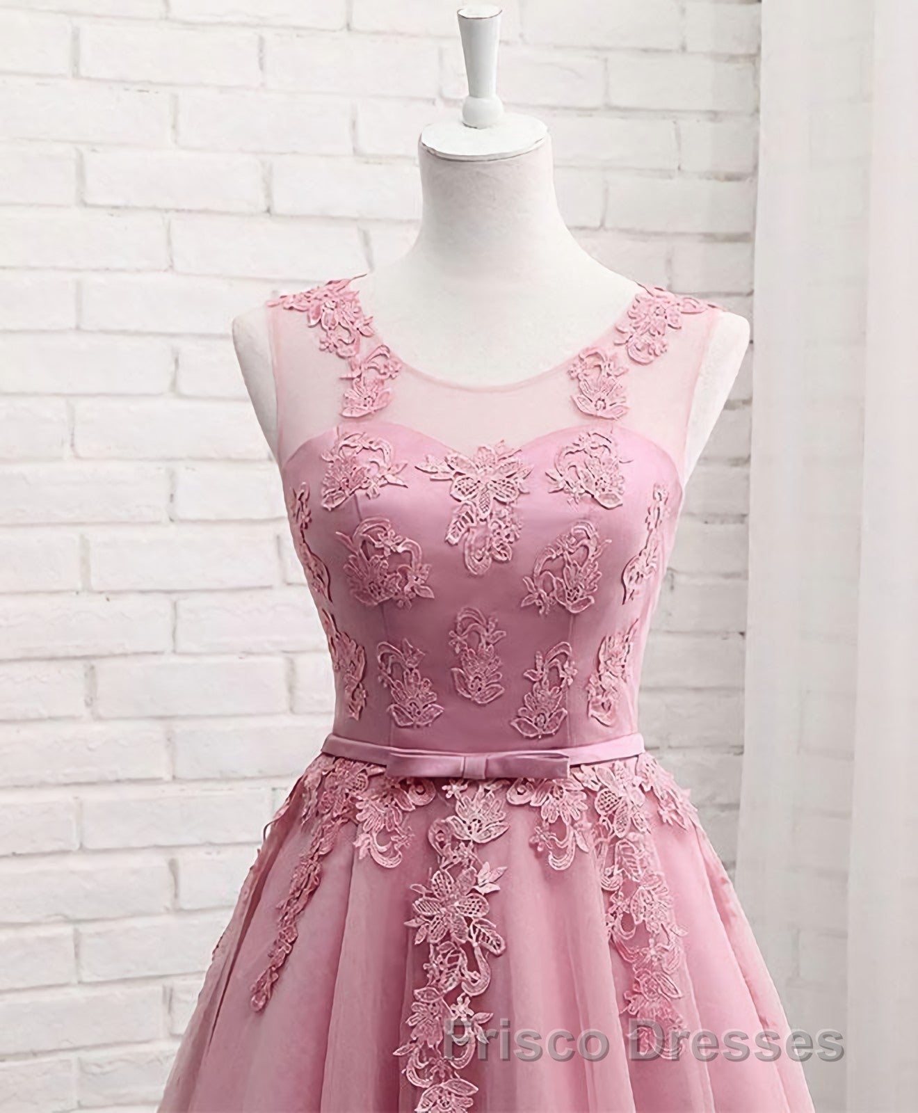 Pink Round Neck Lace Tulle Formal Prom Dress, Lace Evening Dress Secondary image