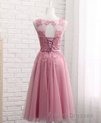Pink Round Neck Lace Tulle Formal Prom Dress, Lace Evening Dress