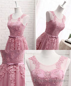 Pink Round Neck Lace Tulle Formal Prom Dress, Lace Evening Dress