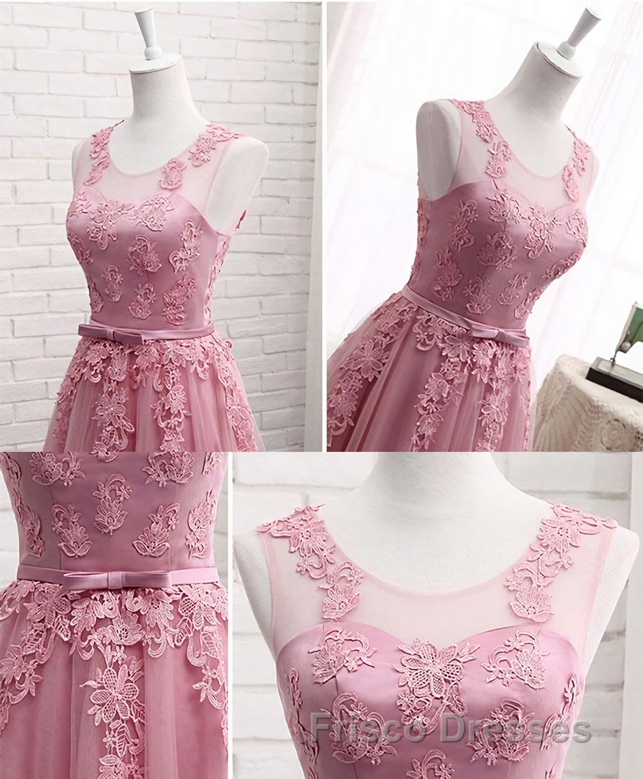 Pink Round Neck Lace Tulle Formal Prom Dress, Lace Evening Dress