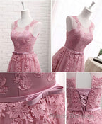 Pink Round Neck Lace Tulle Formal Prom Dress, Lace Evening Dress
