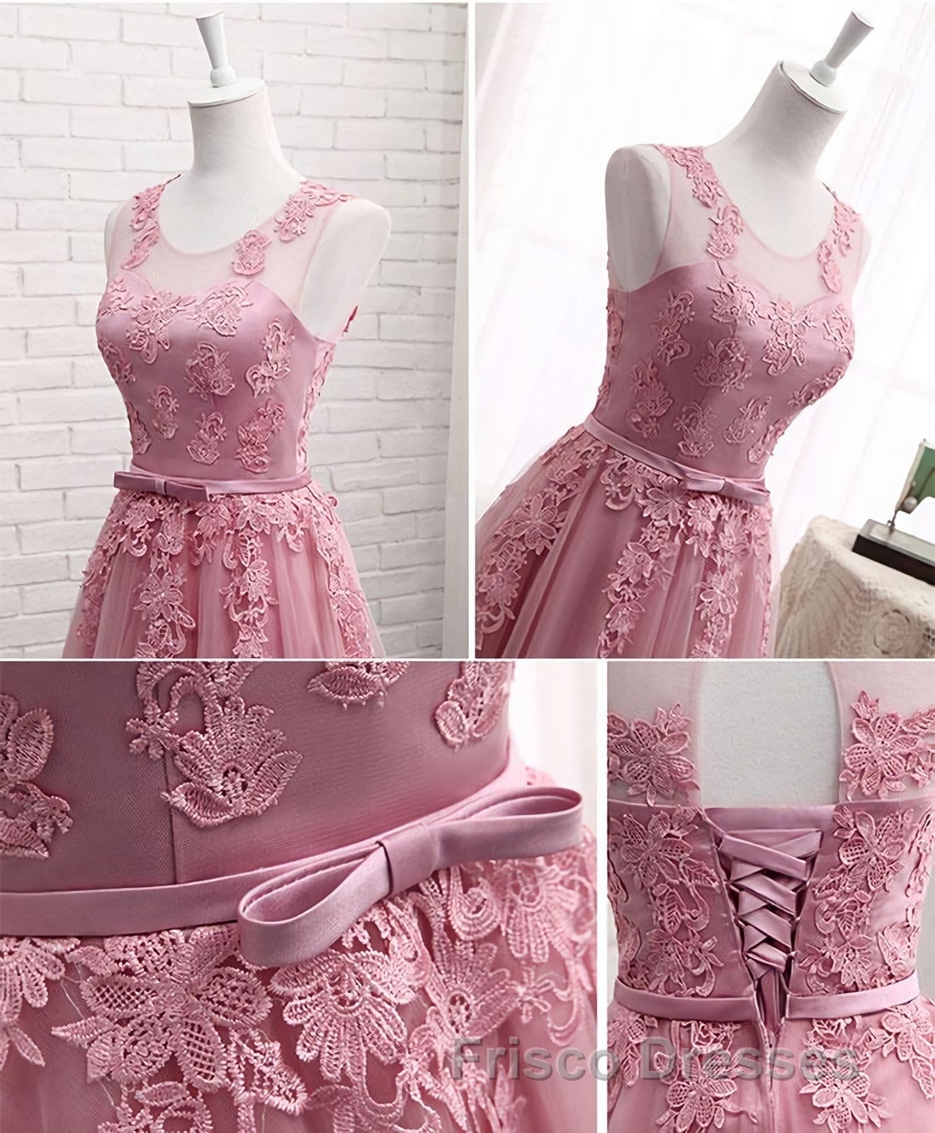 Pink Round Neck Lace Tulle Formal Prom Dress, Lace Evening Dress