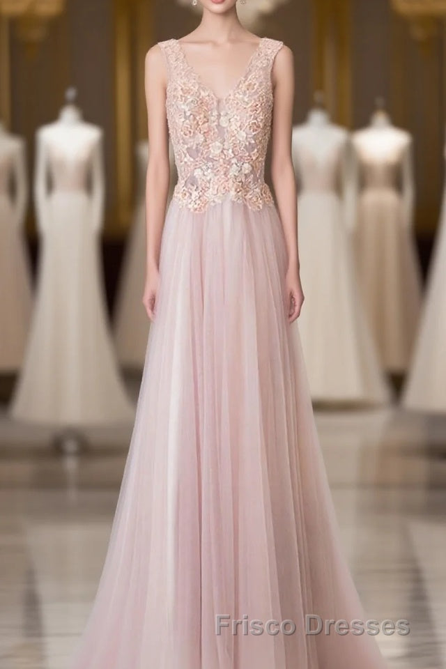 Pink V Neck Lace Long Formal Prom Dress, Cheap Evening Dress Main image