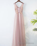 Pink V Neck Lace Long Formal Prom Dress, Cheap Evening Dress
