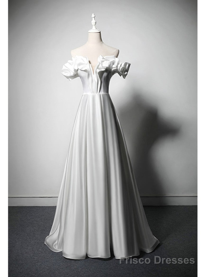 Queenly White Satin Off the Shoulder Wedding Dress Main image