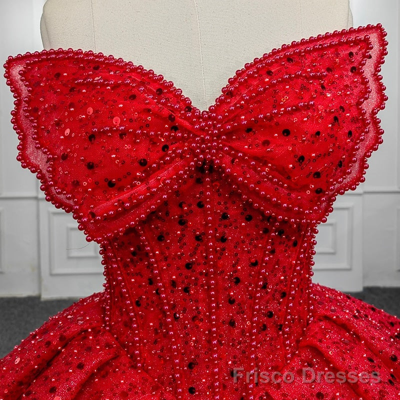 Quinceanera Ball Gown Red Sleeveless Sequined Dress
