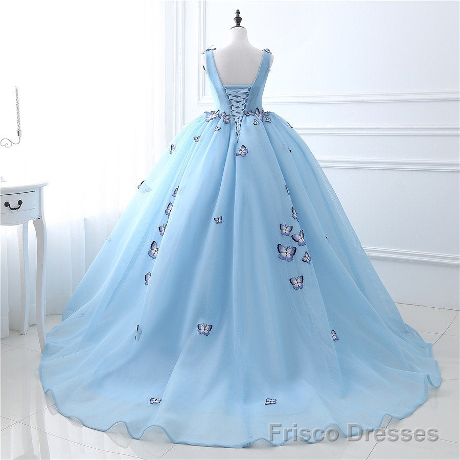 Quinceanera Dress Blue Butterfly Flowers Lace Up Ball Gowns Long Prom Dresses