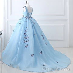 Quinceanera Dress Blue Butterfly Flowers Lace Up Ball Gowns Long Prom Dresses