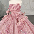 Quinceanera Dress Romantic Pink beading Prom Dresses Sequined Sleeveless with Bowknot