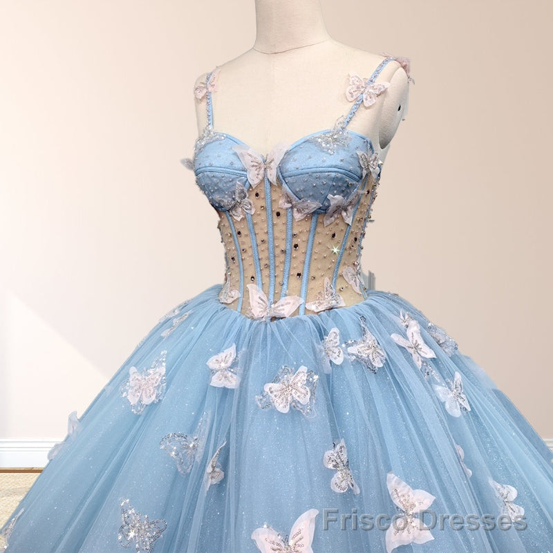 Quinceanera Dresses Spaghetti Straps Beading with 3D Butterfly Appliques