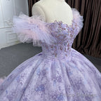Quinceaera lace  Off-the-Shoulder Ball Gown Purple Sequined Dress