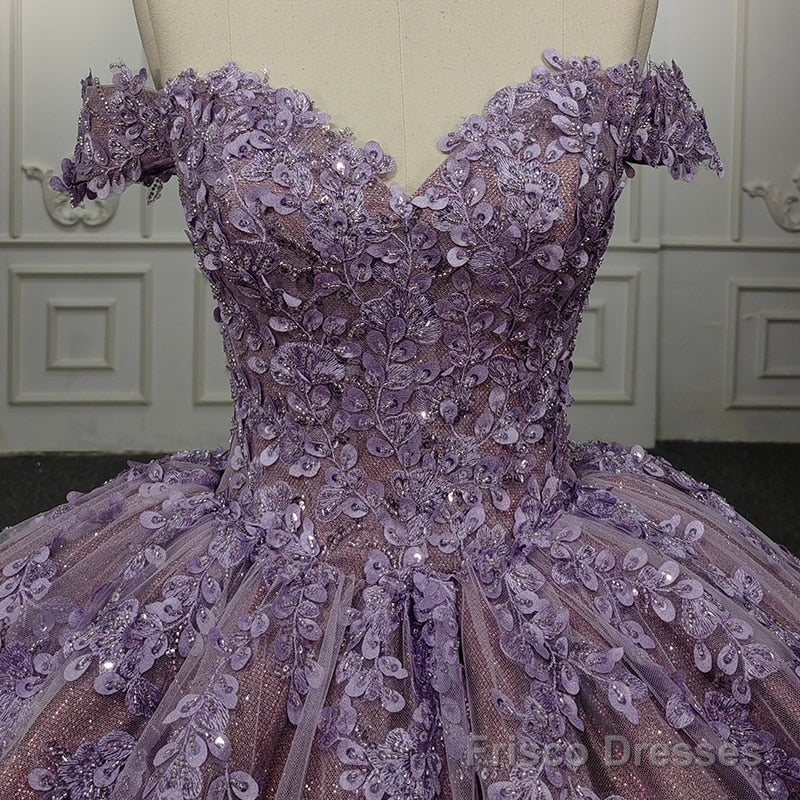 Quinceanera Purple  Off-the-Shoulder Ball Gown Flower Dress