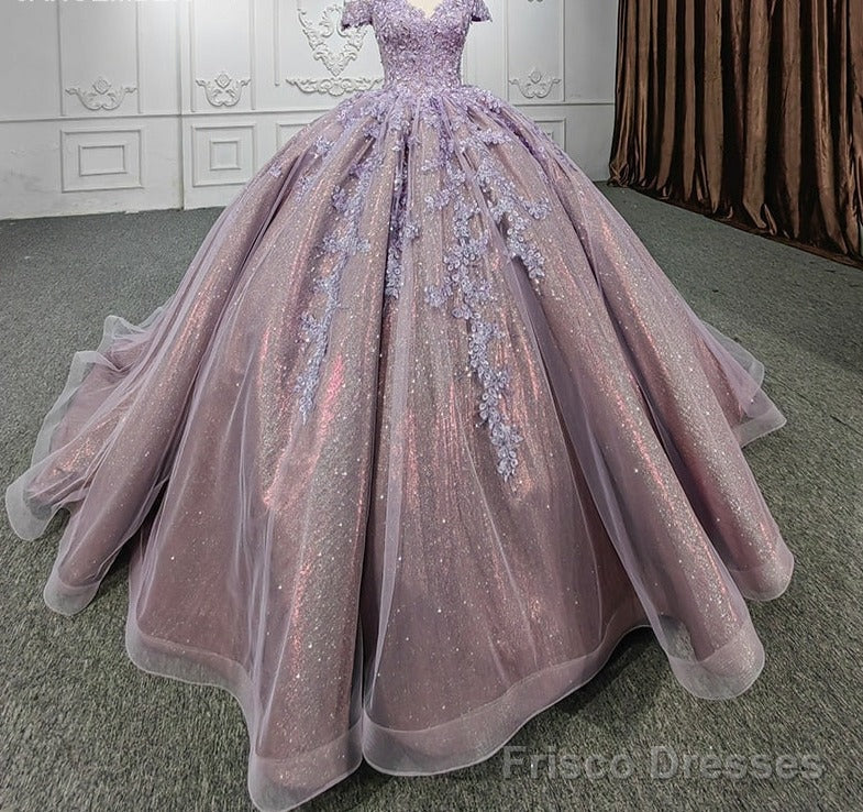 Quinceanera Purple  Off-the-Shoulder Ball Gown Flower Dress